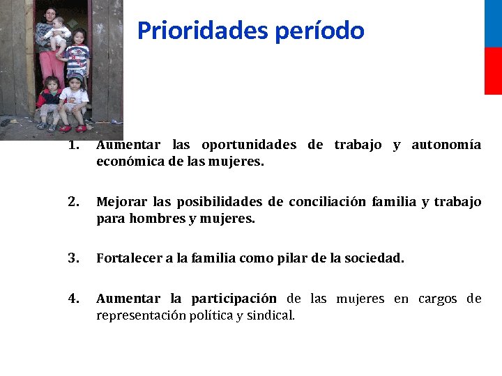 Prioridades período 1. Aumentar las oportunidades de trabajo y autonomía económica de las mujeres.