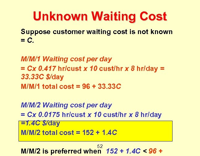 Unknown Waiting Cost Suppose customer waiting cost is not known = C. M/M/1 Waiting