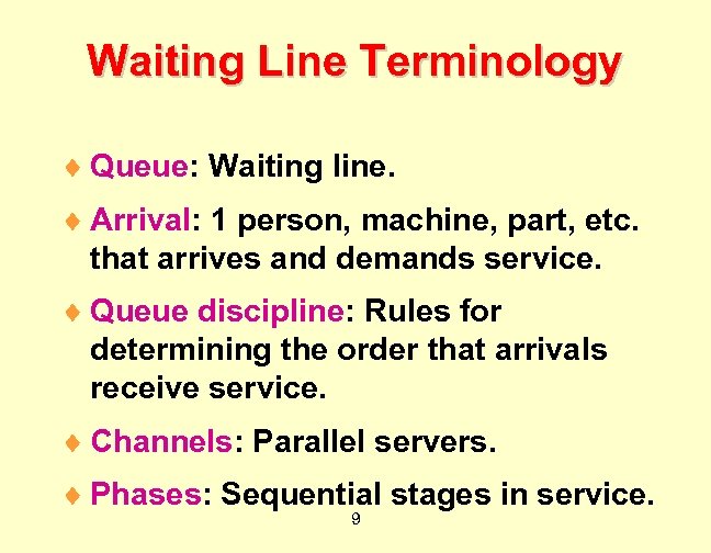Waiting Line Terminology ¨ Queue: Waiting line. ¨ Arrival: 1 person, machine, part, etc.