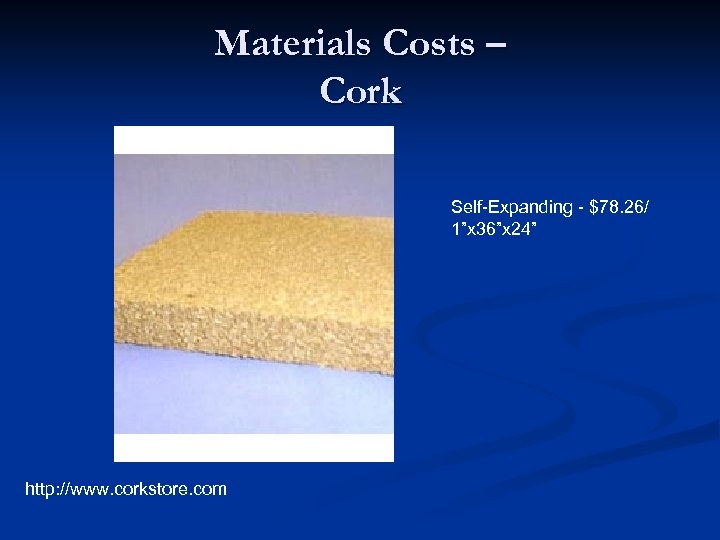 Materials Costs – Cork Self-Expanding - $78. 26/ 1”x 36”x 24” http: //www. corkstore.