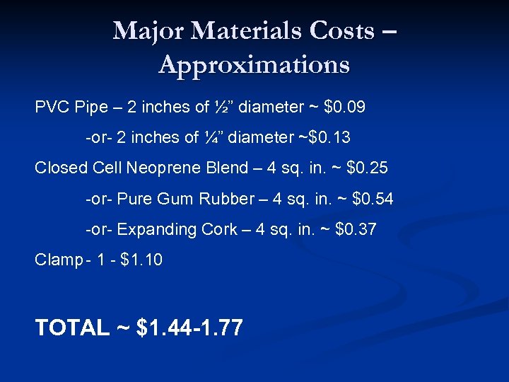 Major Materials Costs – Approximations PVC Pipe – 2 inches of ½” diameter ~