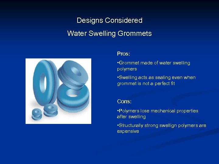 Designs Considered Water Swelling Grommets Pros: • Grommet made of water swelling polymers •