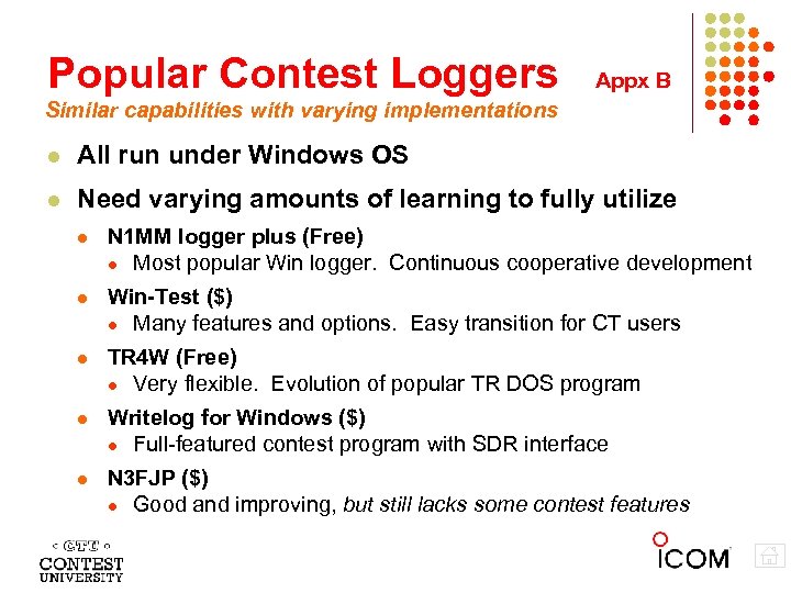Popular Contest Loggers Appx B Similar capabilities with varying implementations All run under Windows