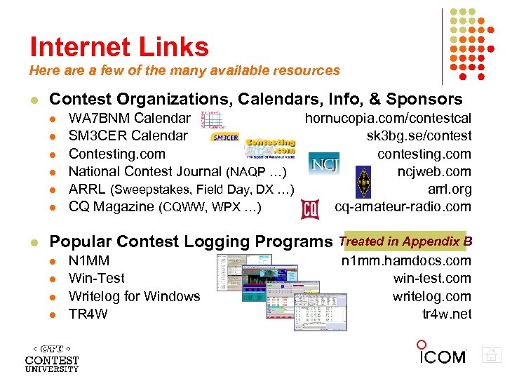 Internet Links Here a few of the many available resources Contest Organizations, Calendars, Info,