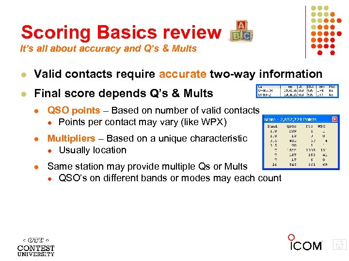 Scoring Basics review It’s all about accuracy and Q’s & Mults Valid contacts require