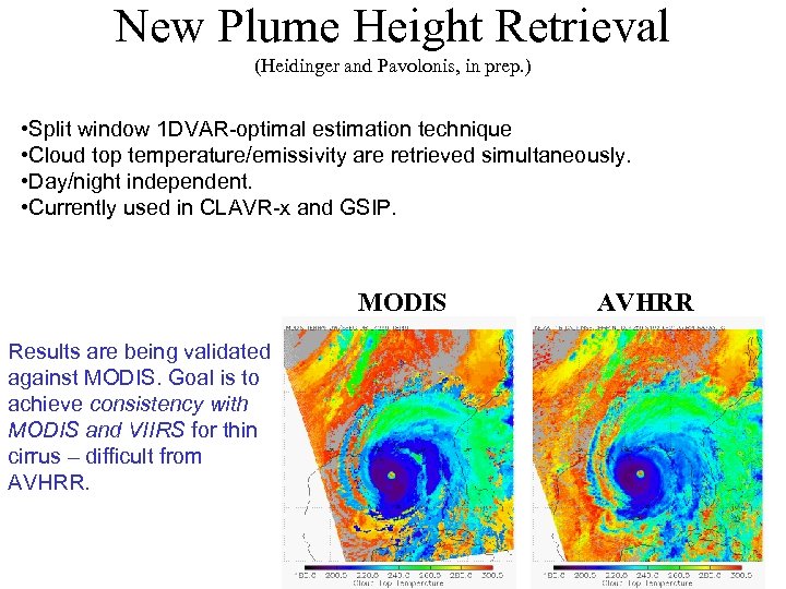 New Plume Height Retrieval (Heidinger and Pavolonis, in prep. ) • Split window 1