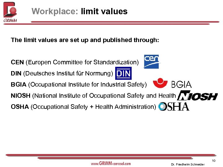 Workplace: limit values The limit values are set up and published through: CEN (Europen