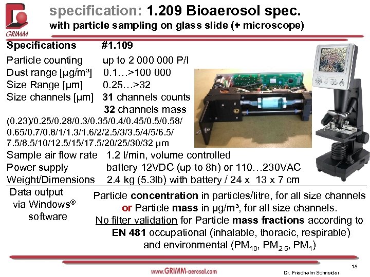 specification: 1. 209 Bioaerosol spec. with particle sampling on glass slide (+ microscope) Specifications