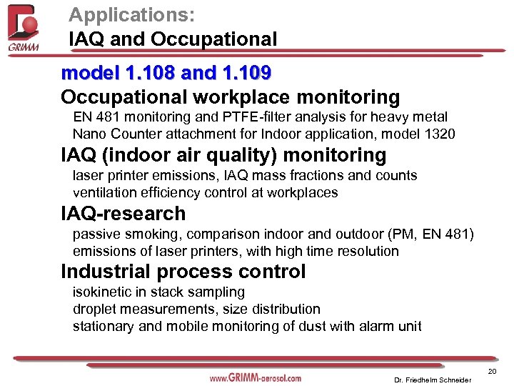 Applications: IAQ and Occupational model 1. 108 and 1. 109 Occupational workplace monitoring EN