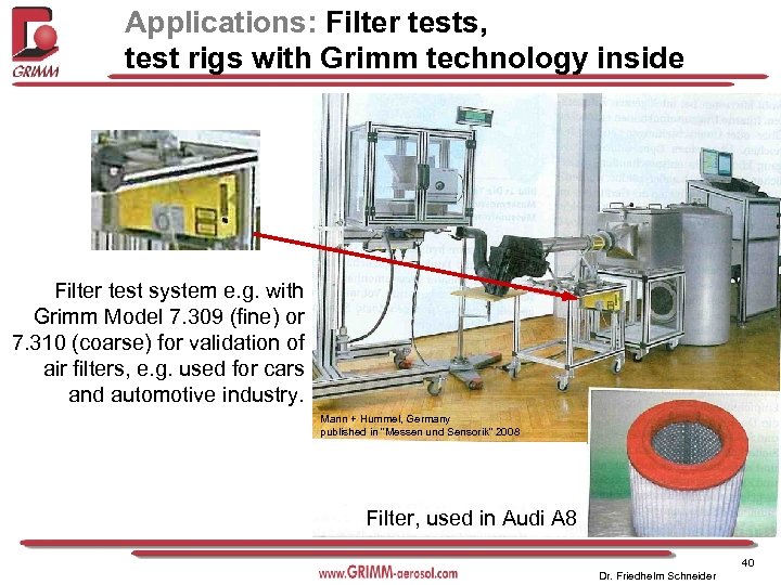 Applications: Filter tests, test rigs with Grimm technology inside Filter test system e. g.