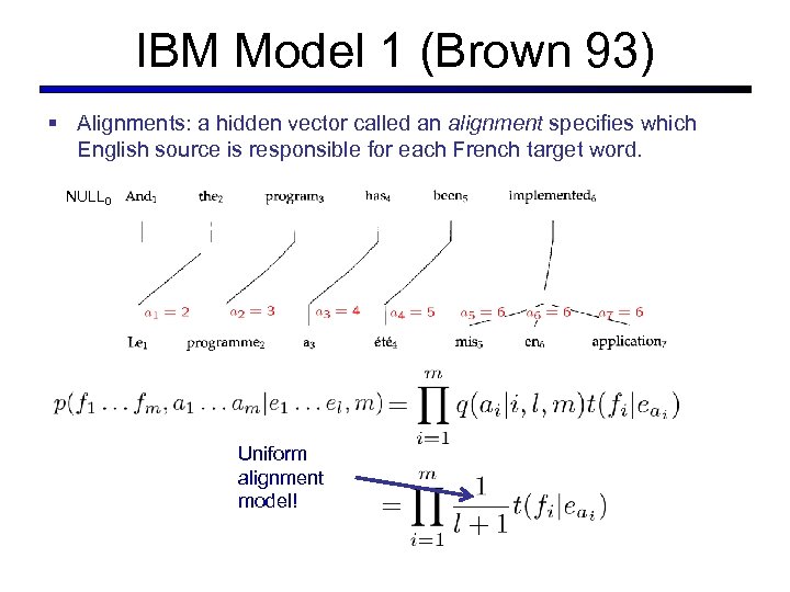 IBM Model 1 (Brown 93) § Alignments: a hidden vector called an alignment specifies
