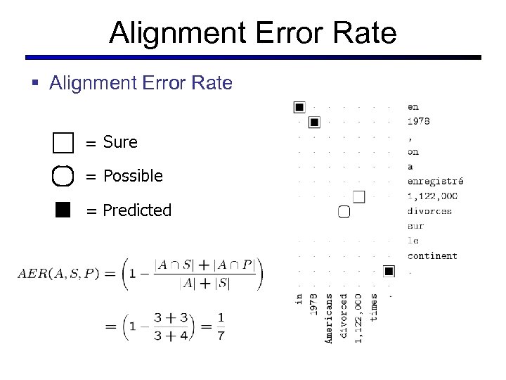 Alignment Error Rate § Alignment Error Rate = Sure align. = Possible align. =