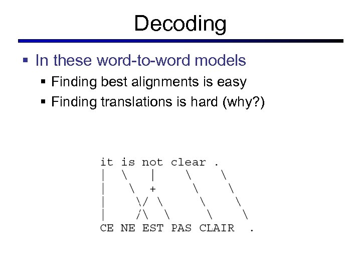 Decoding § In these word-to-word models § Finding best alignments is easy § Finding
