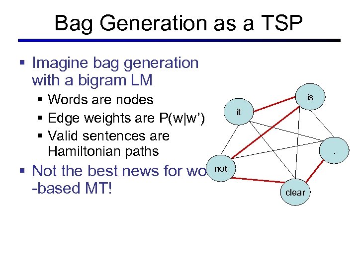 Bag Generation as a TSP § Imagine bag generation with a bigram LM §