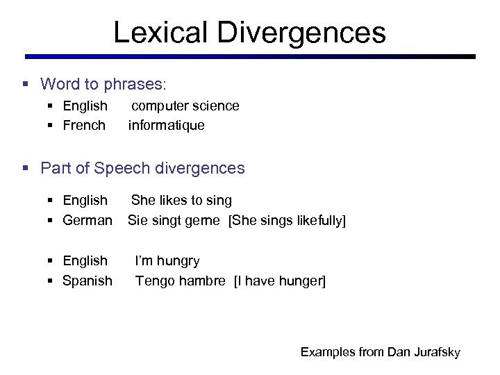 Lexical Divergences § Word to phrases: § English § French computer science informatique §