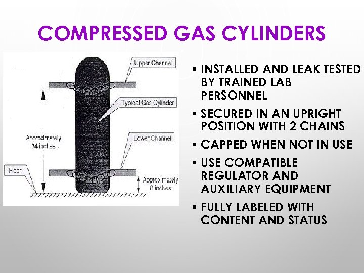 COMPRESSED GAS CYLINDERS § INSTALLED AND LEAK TESTED BY TRAINED LAB PERSONNEL § SECURED
