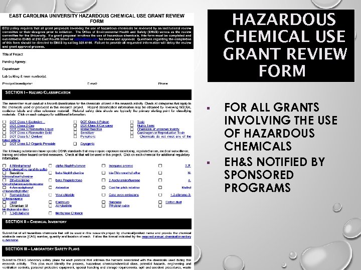 HAZARDOUS CHEMICAL USE GRANT REVIEW FORM § § FOR ALL GRANTS INVOLVING THE USE