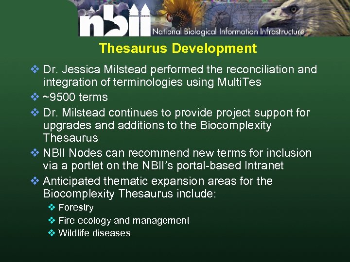Thesaurus Development v Dr. Jessica Milstead performed the reconciliation and integration of terminologies using