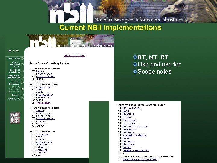 Current NBII Implementations v. BT, NT, RT v. Use and use for v. Scope