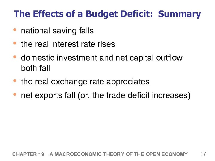 The Effects of a Budget Deficit: Summary • • • national saving falls •