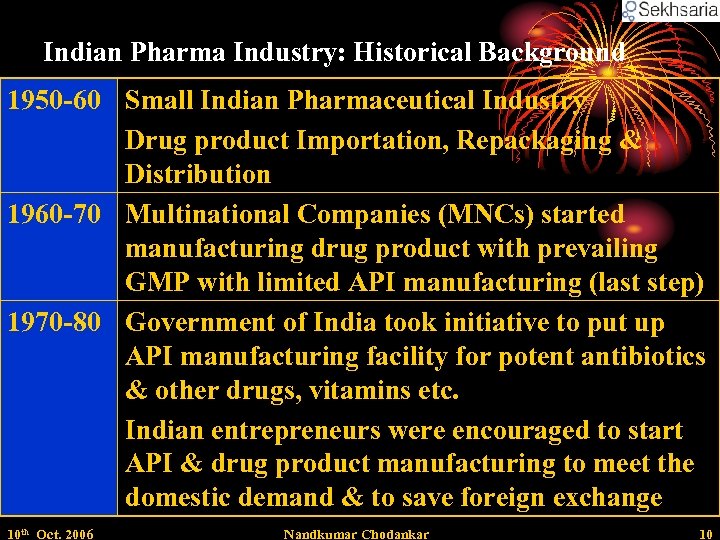 Indian Pharma Industry: Historical Background 1950 -60 Small Indian Pharmaceutical Industry Drug product Importation,