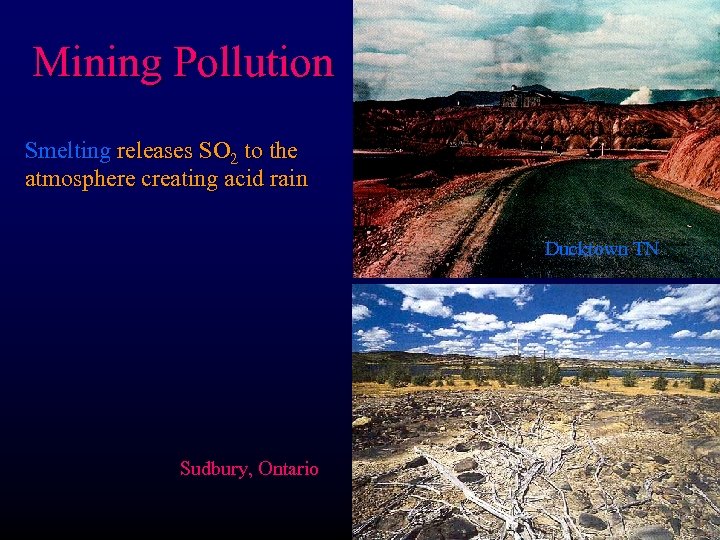 Mining Pollution Smelting releases SO 2 to the atmosphere creating acid rain Ducktown TN