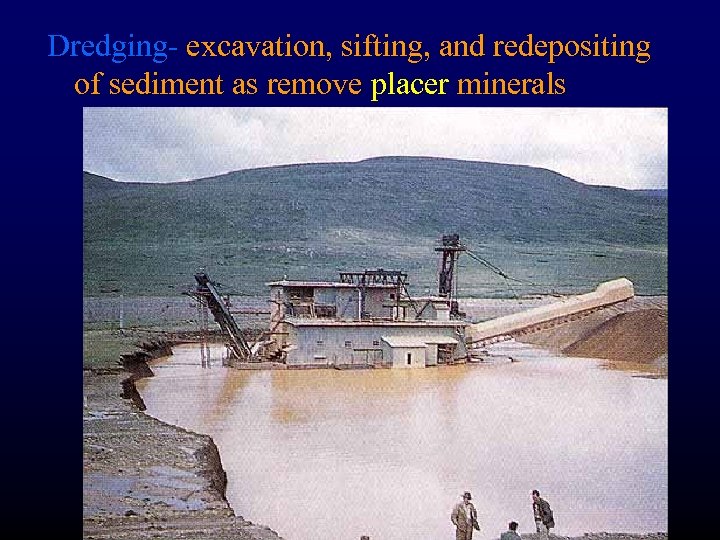 Dredging- excavation, sifting, and redepositing of sediment as remove placer minerals 