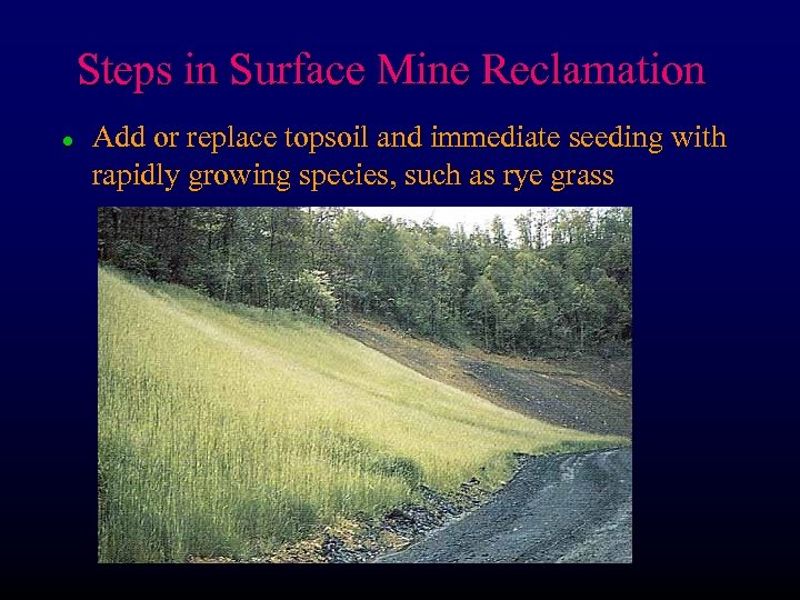 Steps in Surface Mine Reclamation l Add or replace topsoil and immediate seeding with