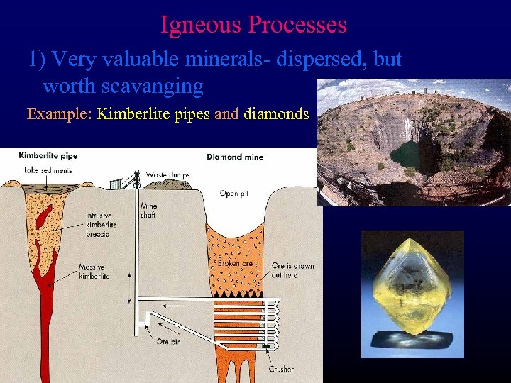 Igneous Processes 1) Very valuable minerals- dispersed, but worth scavanging Example: Kimberlite pipes and