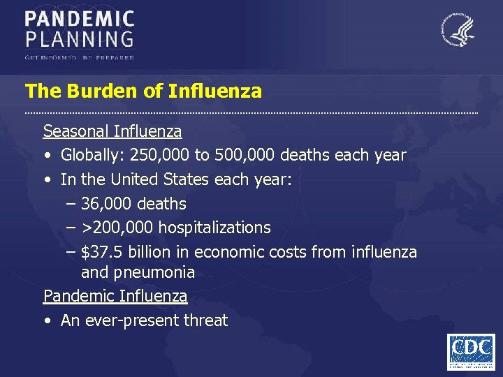 The Burden of Influenza Seasonal Influenza • Globally: 250, 000 to 500, 000 deaths