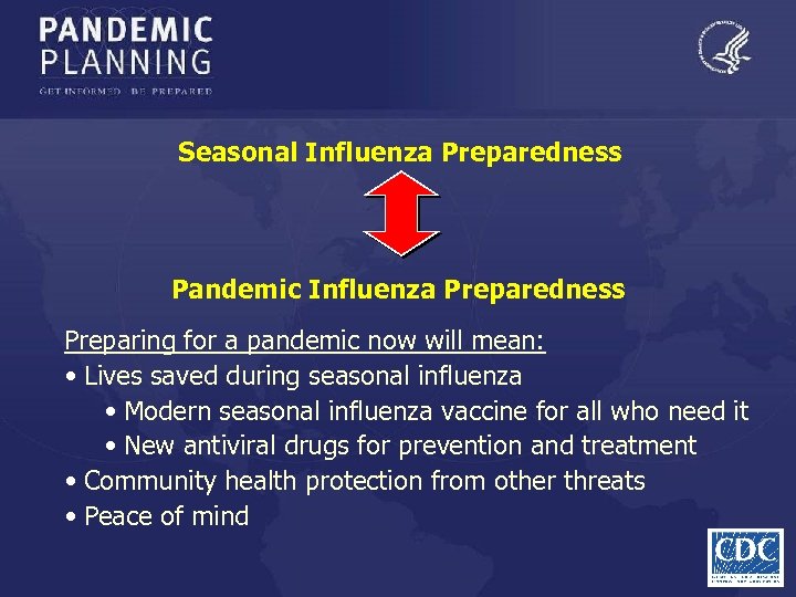 Seasonal Influenza Preparedness Pandemic Influenza Preparedness Preparing for a pandemic now will mean: •