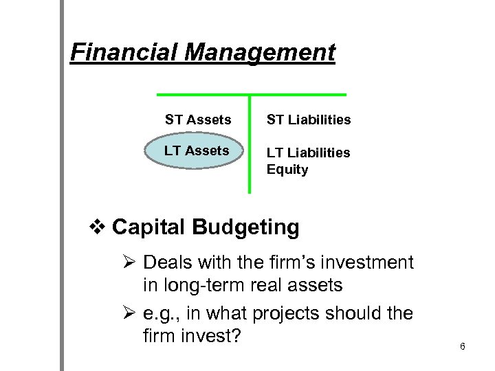 Financial Management ST Assets ST Liabilities LT Assets LT Liabilities Equity v Capital Budgeting