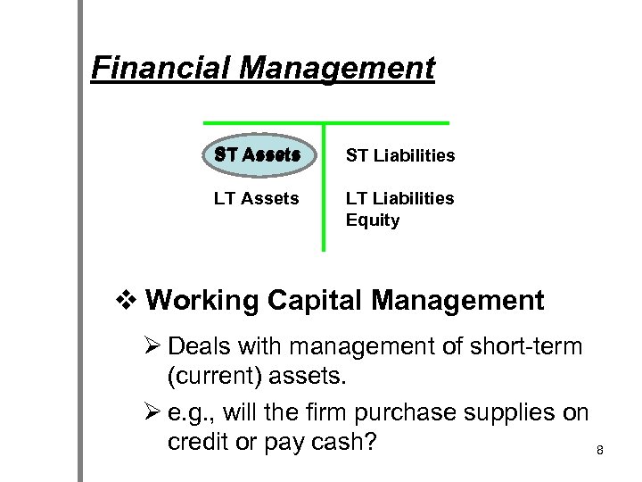 Financial Management ST Assets ST Liabilities LT Assets LT Liabilities Equity v Working Capital