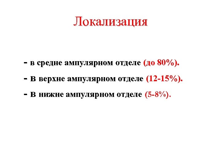 Локализация - в средне ампулярном отделе (до 80%). - в верхне ампулярном отделе (12