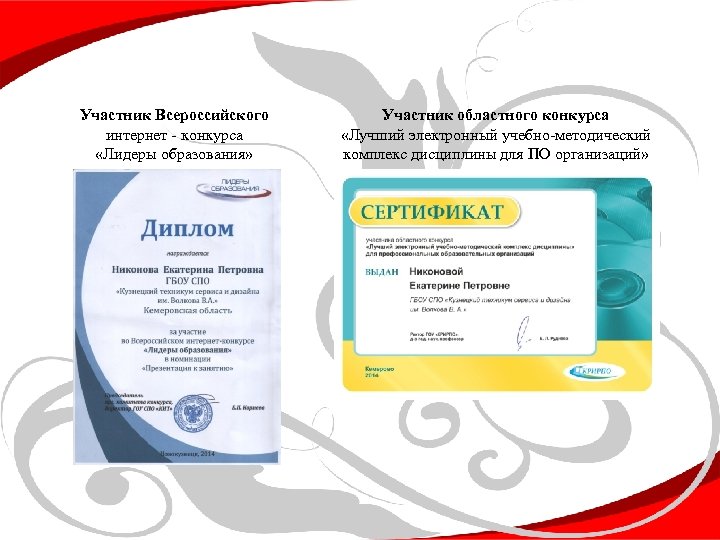 Участник Всероссийского интернет - конкурса «Лидеры образования» Участник областного конкурса «Лучший электронный учебно-методический комплекс