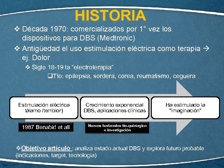 HISTORIA v Década 1970: comercializados por 1° vez los dispositivos para DBS (Medtronic) v