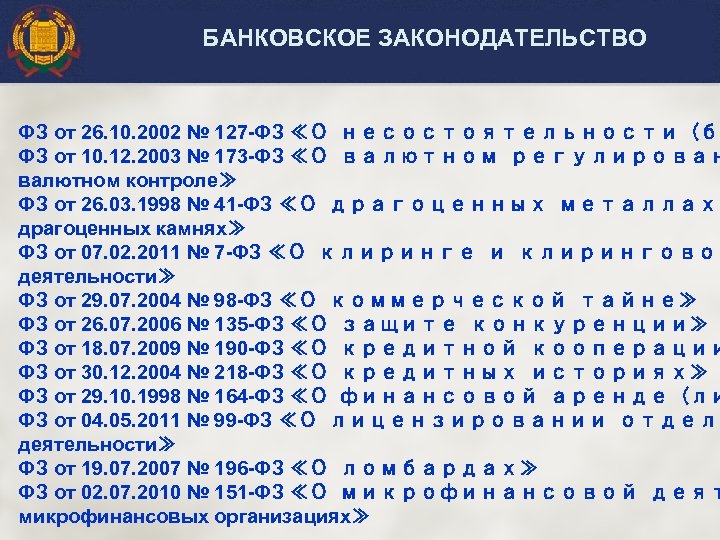 БАНКОВСКОЕ ЗАКОНОДАТЕЛЬСТВО ФЗ от 26. 10. 2002 № 127 -ФЗ ≪О несостоятельности (ба ФЗ