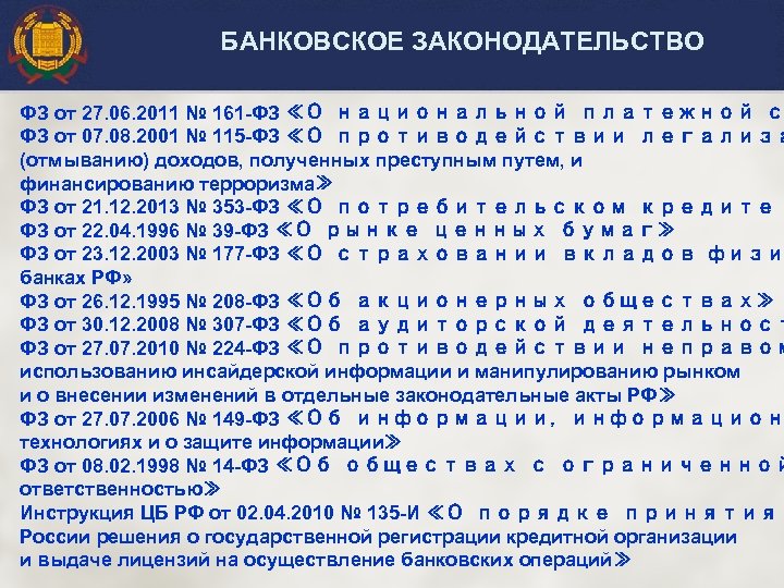 БАНКОВСКОЕ ЗАКОНОДАТЕЛЬСТВО ФЗ от 27. 06. 2011 № 161 -ФЗ ≪О национальной платежной с