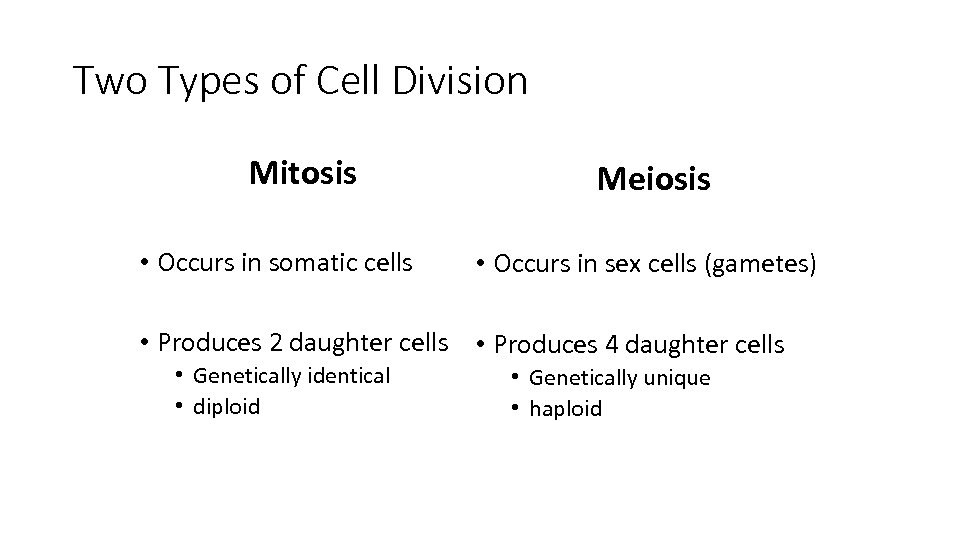 Two Types of Cell Division Mitosis • Occurs in somatic cells Meiosis • Occurs