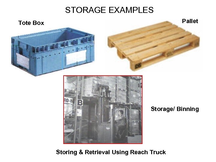 STORAGE EXAMPLES Pallet Tote Box Storage/ Binning Storing & Retrieval Using Reach Truck 
