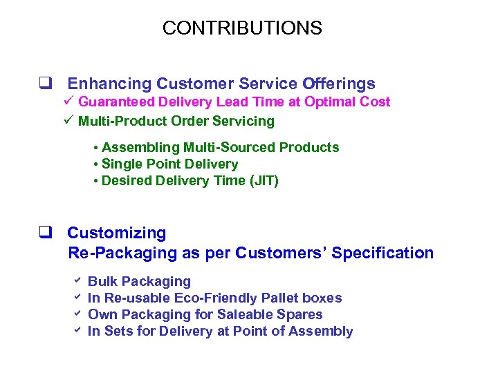 CONTRIBUTIONS q Enhancing Customer Service Offerings ü Guaranteed Delivery Lead Time at Optimal Cost