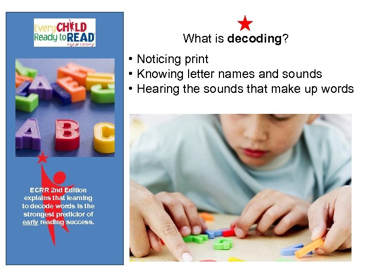 What is decoding? • Noticing print • Knowing letter names and sounds • Hearing