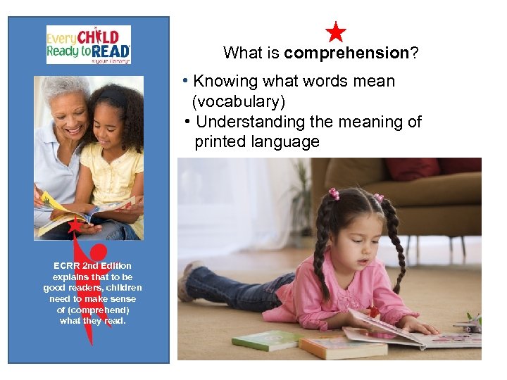 What is comprehension? • Knowing what words mean (vocabulary) • Understanding the meaning of