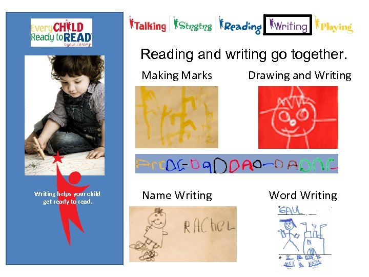 Reading and writing go together. Making Marks Writing helps your child get ready to