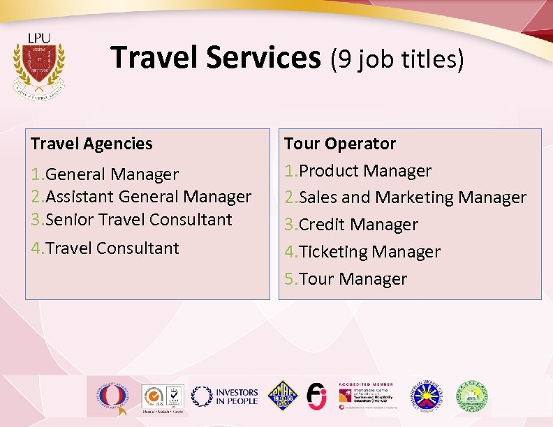 Travel Services (9 job titles) Travel Agencies Tour Operator 1. Product Manager 1. General