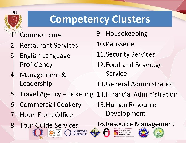 Competency Clusters 1. Common core 2. Restaurant Services 3. English Language Proficiency 4. Management