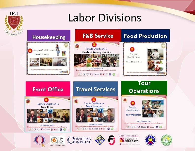 Labor Divisions Housekeeping Front Office F&B Service Travel Services Food Production Tour Operations 