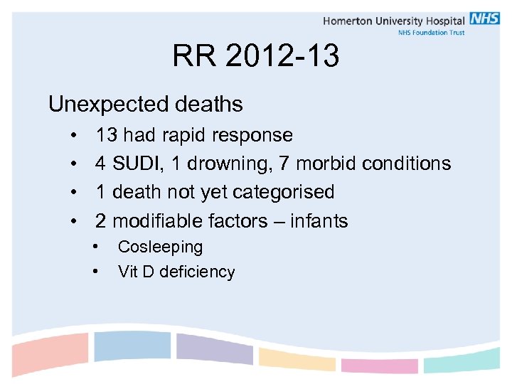 RR 2012 -13 Unexpected deaths • • 13 had rapid response 4 SUDI, 1