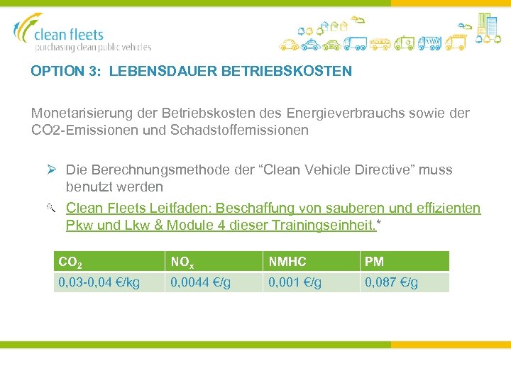 OPTION 3: LEBENSDAUER BETRIEBSKOSTEN Monetarisierung der Betriebskosten des Energieverbrauchs sowie der CO 2 -Emissionen
