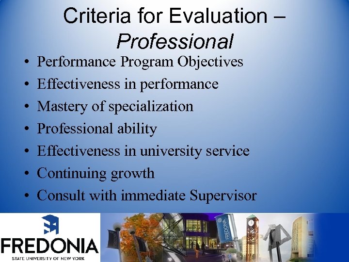  • • Criteria for Evaluation – Professional Performance Program Objectives Effectiveness in performance